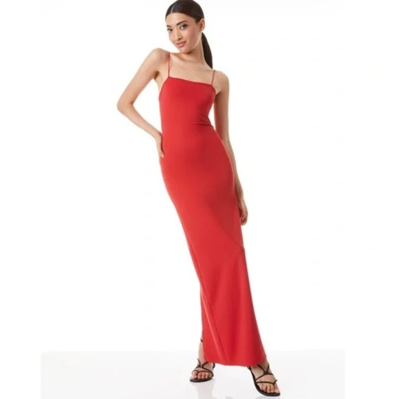 NWT ALICE + OLIVIA Nelle Nylon Cutout Maxi Dress in Bright Poppy 10 Square Neck - Picture 3 of 12